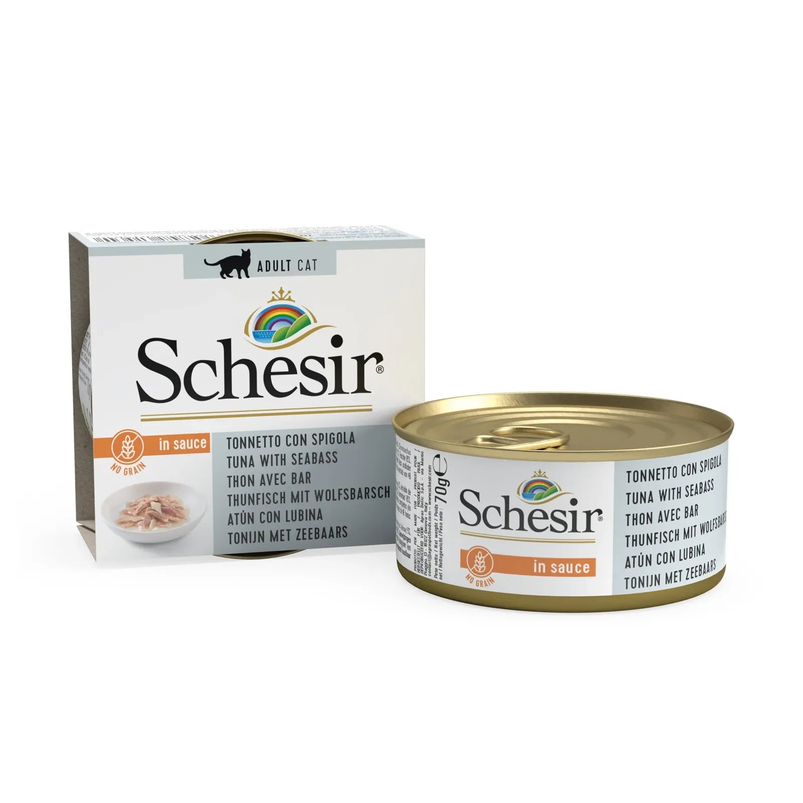 Schesir - Complementary Grain Free Wet Food for Adult Cats - Tuna with Seabass in Natural Gravy 70g